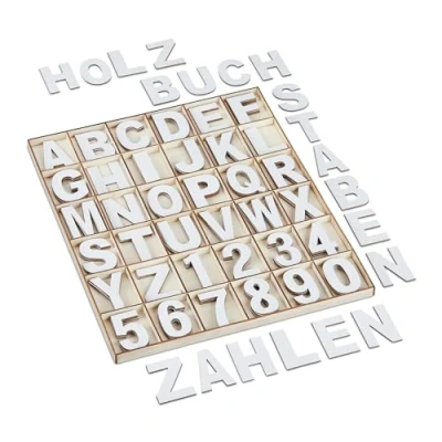Imagen de Relaxdays Juego Piezas Set de Letras y Números Madera, 144 Uds, Mayúsculas A Z, Cifras 0 9, 5 cm, Hacer Manualidades, Blanco
