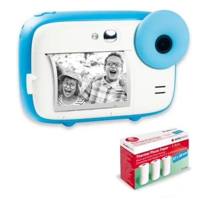 Imagen de AGFA Photo Pack Realikids Instant CAM + 3 Rollos de Papel térmico ATP3WH adicionales, cámara instantánea Infantil, Pantalla LCD 2,4 Pulgadas, batería Litio, Espejo Selfie y Filtro Fotos Azul