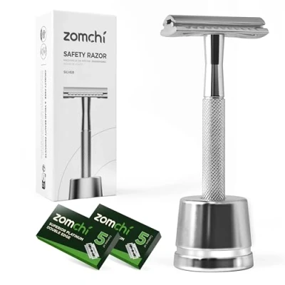 Imagen de ZOMCHI maquinilla de afeitar seguridad con 10 hojas seguridad, metal reutilizable para hombres y mujeres soporte Plata