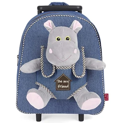 Imagen de PERLETTI Mochila Trolley Infantil con Hipopótamo de Peluche Bolsa Ruedas y Muñeco para Niños Niñas 3 4 5 Años Azul Pequeño Bolso Escolar Guardería Viaje Animal 29x33x11 cm