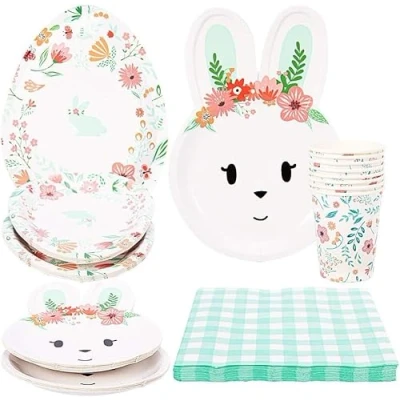 Imagen de Zstar 68 piezas Green Party Tableware Easter Bunny Plates Set Paper Accessories for Easter, Plates, Cups, Napkins, Severs 16 Guests