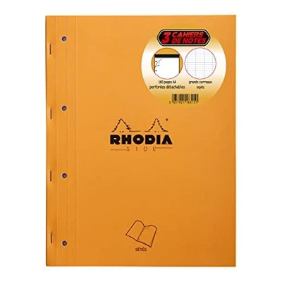 Imagen de Rhodia 118315C Lote de 3 blocs notas grapadas a lado Side Naranja A4, 22,3 x 29,7 cm, cuadrados grandes 80 hojas desmontables, perforación, 4 agujeros, papel Clairefontaine blanco g/m2