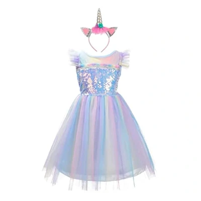 Imagen de Lito Angels Disfraz de Princesa Unicornio con Aro Pelo Cuerno para Niñas, Vestido Tul Arcoiris Fiesta Cumpleaños, Talla 4 5 años, Azul (Número Etiqueta 120)