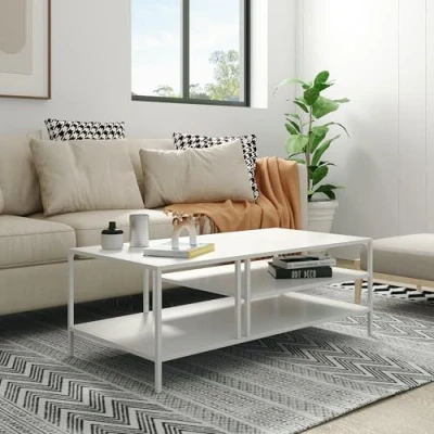 Imagen de [en.casa] Mesa de Centro Cuadrada con 2 Estantes Café para Salón Sala Espera Despacho Diseño Industrial Metal 40 x 110 55 cm Blanco