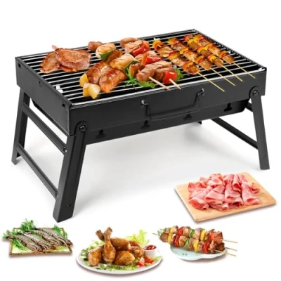 Imagen de Uten Barbacoas Portátiles de Carbón, Parrilla Acero Inoxidable para Ahumar y Acampar al Aire Libre, Char Broil BBQ Pit Grill (Mediano), Negro