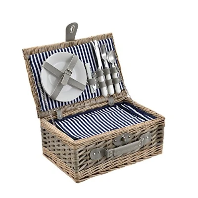 Imagen de casa.pro Cesta de pícnic para 2 Personas Set con Nevera, Incluye Platos, Cubiertos, sacacorchos y Vasos (Blanca/Azul)