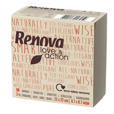 Imagen de Renova Servilletas de Papel Love&amp;Action 90 Ecológicas Tamaño Cóctel 2 Capas Color Kraft Certificado FSC®
