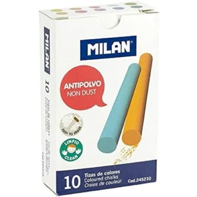 Imagen de MILAN Caja 10 tizas de carbonato calcio colores redondas antipolvo