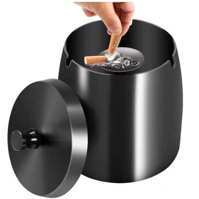 Imagen de Royouzi Cenicero, Cenicero con Tapa, a Prueba de Viento Acero Inoxidable, Portátil Mesa Base Antideslizante Ideal para Decoración Hogar y Oficina