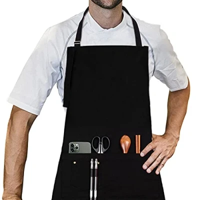 Imagen de LessMo delantal, 100% algodón de cocina delantal con correa para el cuello ajustable, barbacoa calidad profesional 70 x 85 cm, negro