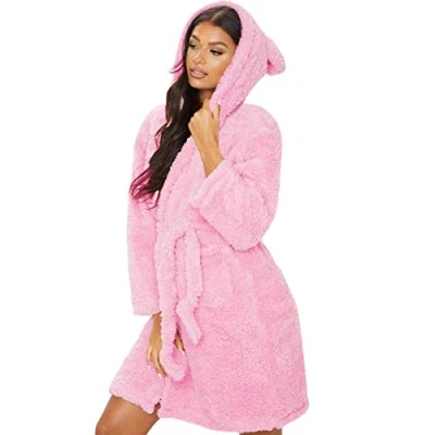 Imagen de MINASAN albornoz corto con capucha para mujer suave de sauna, bata noche forro polar capucha, Rosa., S