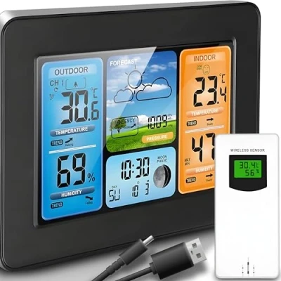 Imagen de Retoo Estación meteorológica, Multifuncional, Inalámbrica, Pantalla Digital LCD, Pronóstico del Tiempo, Sensor Exterior, Termómetro, Higrómetro, Barómetro, Alcance de 60m, Negro