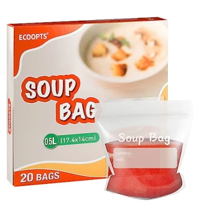 Imagen de ECOOPTS Bolsas de almacenamiento líquidos reutilizables para sopa y salsa, 500 ml (paquete 20)