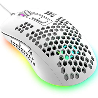 Imagen de KUIYN Ratón Ultraligero para Juegos con Cable, diseño ergonómico, 4 Tipos de Ratones retroiluminados respiración RGB, PPP Ajustables hasta 2400, Ordenador óptico USB (Blanco)