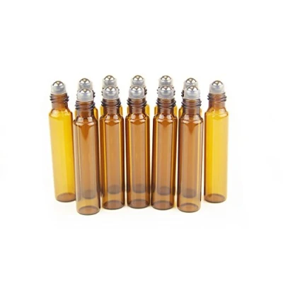 Imagen de YIZHAO Marrón Botellas Roll on Cristal para Aceites Esenciales 10ml, con Bola de Acero Inoxidable, Esenciales, Masajes, Aromaterapia, Botella Laboratorio 36 Pcs