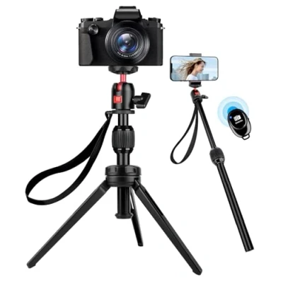 Imagen de JOILCAN Mini Trípode, Portable Tripode de Mesa Pequeño con Cabezal Bola Giratorio, Palo Selfie Mando Distancia Inalámbrico, Compatible iPhone, Samsung, Cámara Compacta, Carga hasta 3KG