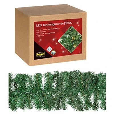 Imagen de Idena 31870 Guirnalda de abeto LED con 100 blanco cálido, función temporizador 8 horas y transformador, 5 m largo, para uso interior exterior, como decoración Adviento Navidad
