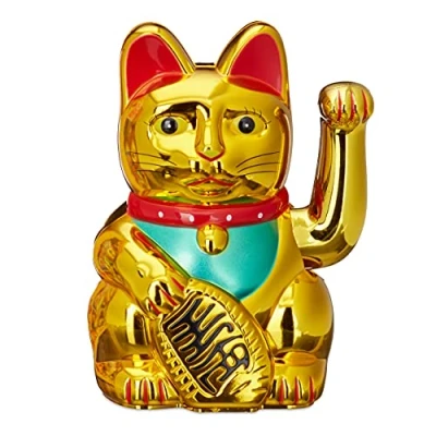 Imagen de Relaxdays 10020579 Maneki Neko Gato Chino de la Suerte a Pilas, Plástico, Dorado, 16 cm, Cobre