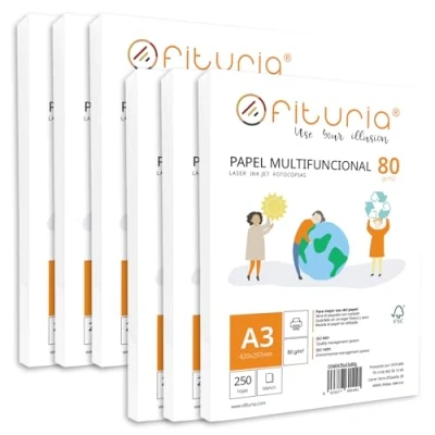 Imagen de Paquete de folios A3 80gr con 250 Hojas Blancas, Papel Multifuncional para Uso Escolar y Entornos Laborales. Ideal impresoras láser, inyección o fotocopiadoras Ofituria (A3, 1500h)