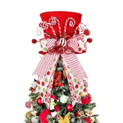 Imagen de sombrero para árbol de Navidad, Navidad con cinta bastón caramelo, estrella rojo, decoración caramelo fiesta