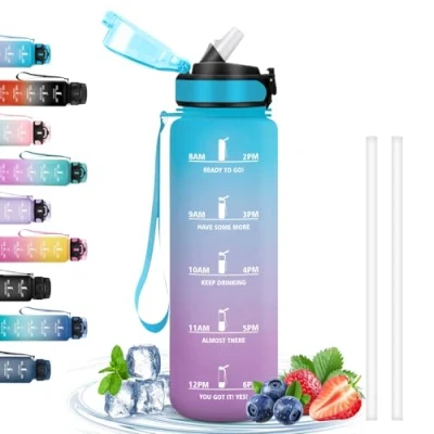 Imagen de Botella Agua 1 Litro, con Pajita, Gimnasio Marca de Tiempo, Reutilizable a Prueba Fugas, Grande, Cantimplora para Senderismo, Deporte, Acampar
