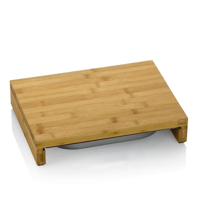 Imagen de kela tabla de cortar con bandeja goteo 36 x 27 7 cm KENINA, gran bambú recipiente acero inoxidable integrado, madera