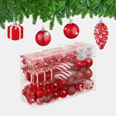 Imagen de Relaxdays Set 72 Bolas Árbol Navidad, Bolitas Navideñas Brillantes, con Purpurina y Mate, Botas, Corazón, Piñas, Rojo, 3 tamaños