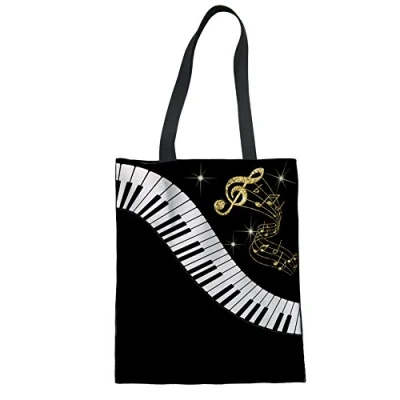 Imagen de UOIMAG bolsa de lona reutilizable para llaves piano y notas musicales, hombro mujeres, adolescentes niñas