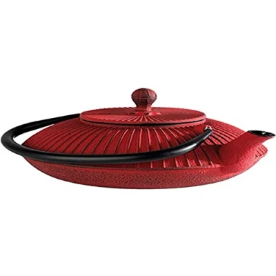 Imagen de APS Tetera Asia Hierro Fundido, Interior esmaltado, colador de té Incluido, Ideal para 2 3 Tazas Dimensiones: 18 x 19,5 cm/Altura: 15 cm/Volumen: 0,8 l (Rojo)