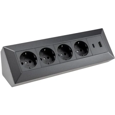 Imagen de Bloque de enchufes esquina Enchufe múltiple 4 vías con USB A C PD para oficina, cocina, taller, instalación debajo estructuras, antracita