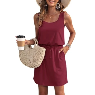 Imagen de WNEEDU Vestido de Verano para Mujer Playa sin Mangas con Cuello en U y cordón aireado Rojo Vino L