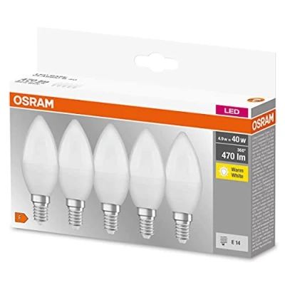Imagen de OSRAM LED Classic B40, lámparas de filamento esmerilado vidrio para E14, forma vela, blanco cálido (2700K), 806 lúmenes, sustituye a las bombillas convencionales 40W, caja 5