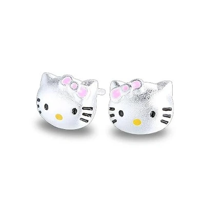 Imagen de Kaguyo pendientes de plata para mujer, Hello Kitty ley 925, tuerca gato lindo circonita mujeres niñas niños, regalo cumpleaños (Kitty C)