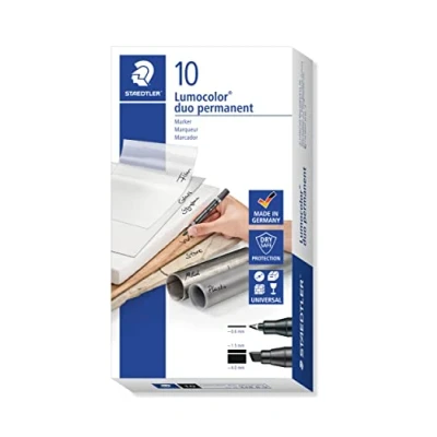 Imagen de Staedtler Lumocolor duo permanent 348 B 9 Rotulador permanente de doble punta: punta F 0,6 mm y M biselada 1,5 4 color negro. Caja cartón con 10 rotuladores