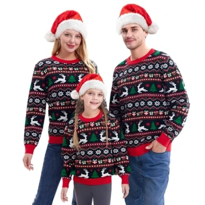 Imagen de Giggling Getup suéter de Navidad familiar a juego, lindo punto navideño manga larga, feo negro, Hombre L