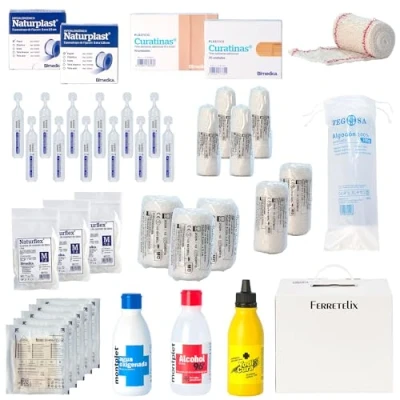 Imagen de FERRETELIX Kit reposicion Armario/maletin botiquin primeros auxilios con productos homologados cumpliendo la normativa CE Fabricado en España FECHA DE FABRICACION 2024