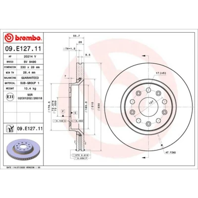 Imagen de BREMBO 09.E127.11 Disco de freno 330 28 5 ventilación interna revestido