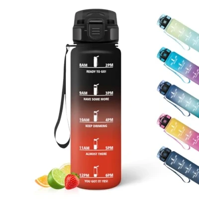 Imagen de HoneyHolly Botella Agua, 1L, Marcador de Tiempo, Portátil, Water Bottle, Reutilizable, Agua Gimnasio, A Prueba Fugas, Cantimplora para Ciclismo, Oficina y Exteriores