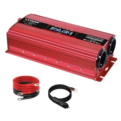 Imagen de LVYUAN Transformador de corriente 24 V 230 1500 W/3000 W con pantalla LCD, 4 fusibles, 2 enchufes la UE, ventilador y 5 USB conexiones incl. encendedor cigarrillos para el coche