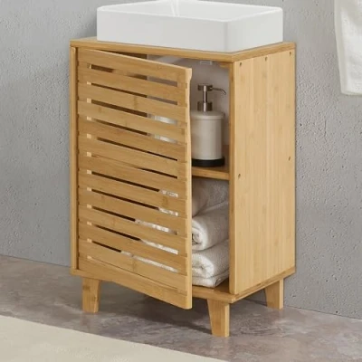 Imagen de [en.casa] Mueble para Debajo del Lavabo con 2 Compartimentos Cerrados Auxiliar Baño Puerta de Rejilla Ventilación Óptima Bambú 60 x 100 45 cm Natural