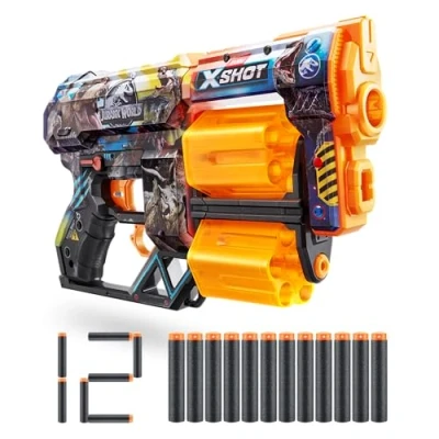 Imagen de XSHOT Skins Jurassic World, Dread Jurassic, 12 Darts Included, Double Rotating Barrels, Air Pocket Dart Technology, Toy Foam Blaster for Kids, Teens and Adults, Brown Box, (Dread Jurassic)