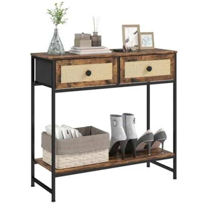 Imagen de HOMCOM Mesa Consola Mueble para Recibidor con Estante Abierto y 2 Cajones Frontales de Ratán Entrada Pasillo 80x30x75 cm Marrón Rústico