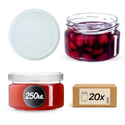 Imagen de KADAX tarros pequeños de 250 ml, mermelada con tapa, frascos herméticos para regalar, minitarros miel y especias (20 unidades, blanco)