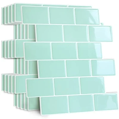Imagen de Yoillione Azulejos Adhesivos Cocina Baldosas: Gruesas Pegatinas Adhesivas para Pared Verde 3D Papel Vinilo