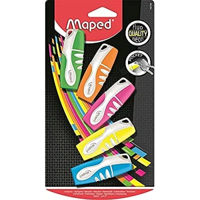 Imagen de Maped Material Escolar Subrayador Pocket Soft 5 Subrayadores Mini de Colores Amarillo, Naranja, Verde, Rosa y Azul Punta Biselada Trazo 1 a mm Ideal para el Estuche