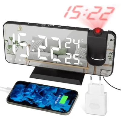 Imagen de EVILTO Despertador de Proyección Reloj Digital LED con Cargador Puerto USB Alarma Dual Radio FM, Temperatura Humedad 12/24H, Volumen Ajustable Brillo, Negro