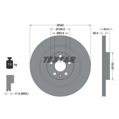 Imagen de TEXTAR 92304503 Disco de freno 340 20 05/06 108 ventilación interna revestido sin perno sujeción rueda, buje rueda VOLVO: XC90 II, XC40