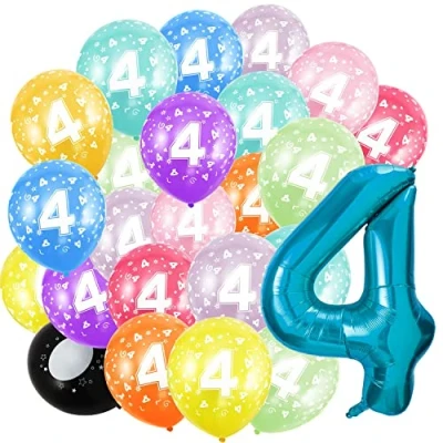 Imagen de Globos de cumpleaños 4 años,Globos número numerado (4 años) aluminio y 20 látex colores,Decoración Niño Niña, Vuelan con Helio