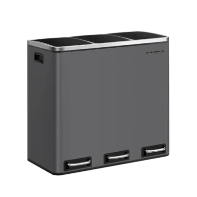 Imagen de SONGMICS Cubo de Basura para Cocina, 3 x 18 L, Compartimentos Reciclaje, 15 Bolsas, Residuos, Restos Comida, Tapas Cierre suave, Pedales, Cubetas, Acero, Gris Mate LTB054G01