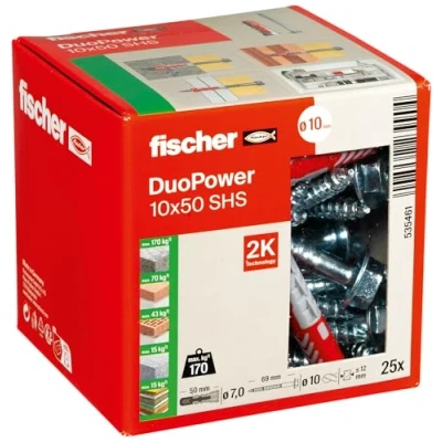 Imagen de fischer DUOPOWER 10 x 50 S, tacos y tornillos para pared universales de seguridad, 2 componentes plástico fijación en hormigón, ladrillo, piedra, cartón yeso, (25 + 25 tornillos)